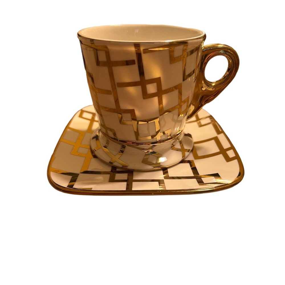 Mary Kay Cup and Saucer Set White Gold Abstract Square saucer gold handle